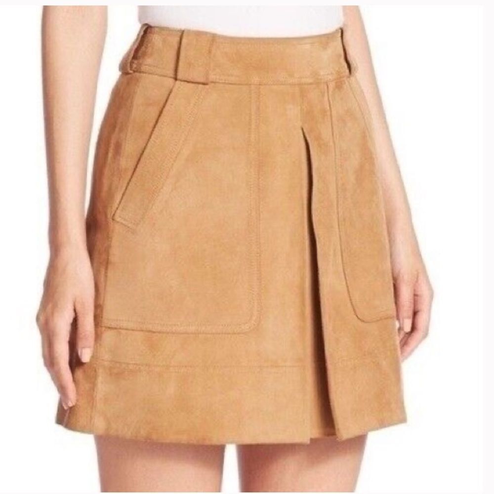 Vince Suede Tan Inverted Front Pleat Mini Skirt Goat Leather Size 8 NWT